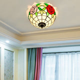 Tiffany 2-Light Stained Glass Floral Ceiling Fixture Brass Flush Mount For Bedroom / B