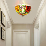 Tiffany 2-Light Stained Glass Floral Ceiling Fixture Brass Flush Mount For Bedroom / C
