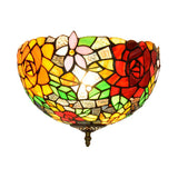 Tiffany 2-Light Stained Glass Floral Ceiling Fixture Brass Flush Mount For Bedroom