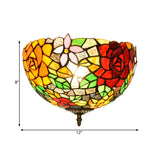 Tiffany 2-Light Stained Glass Floral Ceiling Fixture Brass Flush Mount For Bedroom