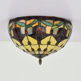 Tiffany 2-Light Stained Glass Floral Ceiling Fixture Brass Flush Mount For Bedroom