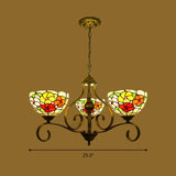 Mediterranean Stained Glass Ceiling Chandelier With Flower Design - Antique Brass Pendant Lights