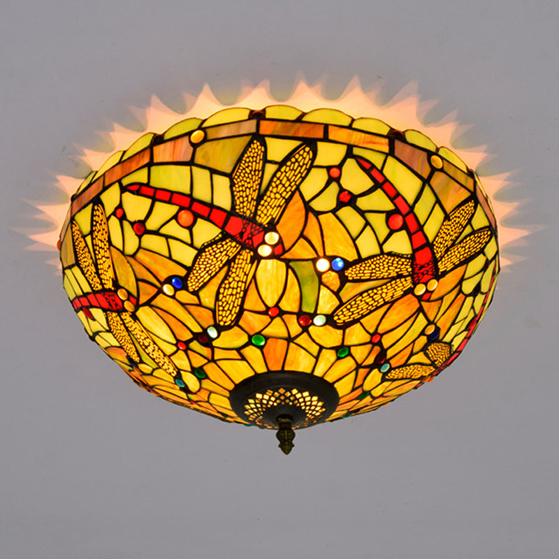 Tiffany-Style Dragonfly Cut Glass Ceiling Lamp - Bronze Flush Mount With 3 Heads Elegant Light