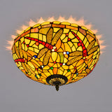 Tiffany-Style Dragonfly Cut Glass Ceiling Lamp - Bronze Flush Mount With 3 Heads Elegant Light