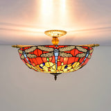 Dragonfly Stained Glass Semi Flush Mount Light - Tiffany Brass Finish 5 Lights 21.5/25.5 Width