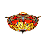 Dragonfly Stained Glass Semi Flush Mount Light - Tiffany Brass Finish 5 Lights 21.5/25.5 Width