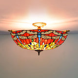 Dragonfly Stained Glass Semi Flush Mount Light - Tiffany Brass Finish 5 Lights 21.5/25.5 Width