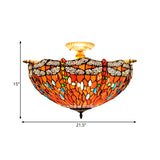 Tiffany-Style Dragonfly Stained Art Glass Ceiling Flush Mount With 5 Red/Blue Heads