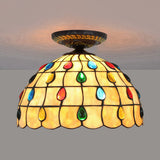 Tiffany-Style Stained Glass Jeweled Ceiling Light In Bronze Flush Mount Multiple Sizes Available /