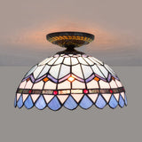 Tiffany Hand Rolled Art Glass Floral Flush Mount Light With Yellow/Blue Shade 12/16 W Blue / 12
