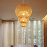 Bamboo Pendant Light With Globe Shade - Modern Beige Dining Room Lighting 14 18 21.5 W