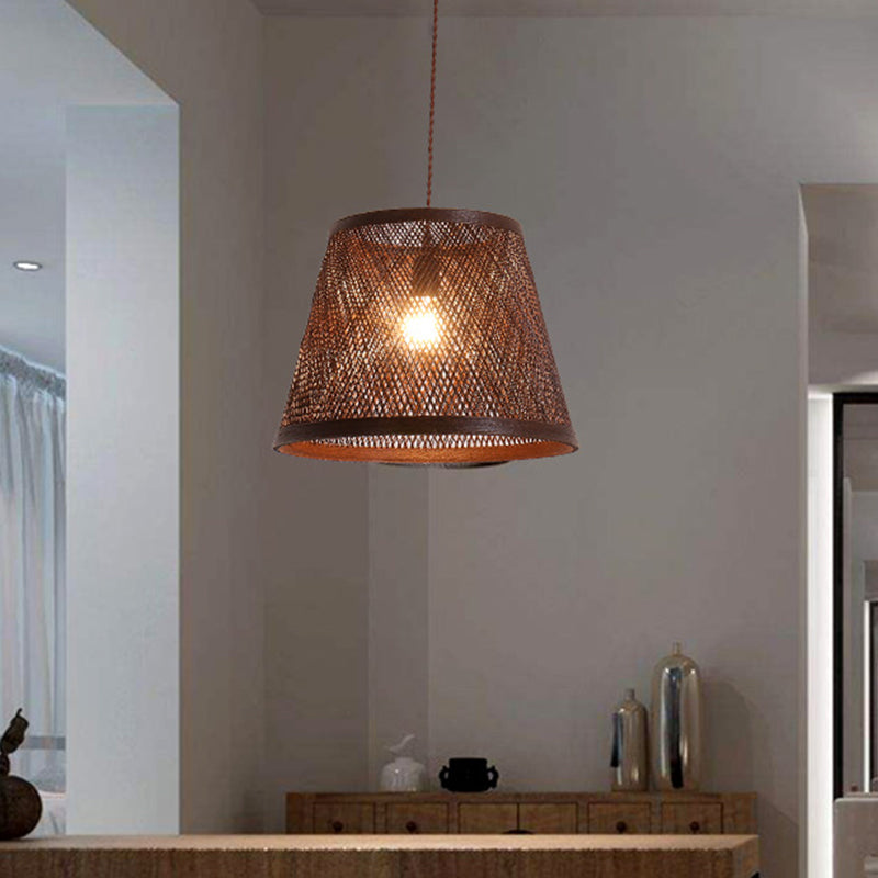 Modern Rattan Cone Pendant Light Kit For Dining Room - 1 Brown Suspension