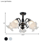 3/5 - Light Floral Semi - Flush Ceiling Light - Countryside White/Black Finish With Cream Glass