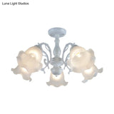 3/5 - Light Floral Semi - Flush Ceiling Light - Countryside White/Black Finish With Cream Glass