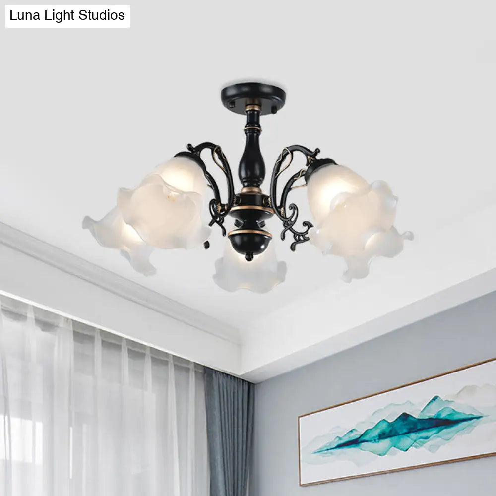 3/5 - Light Floral Semi - Flush Ceiling Light - Countryside White/Black Finish With Cream Glass