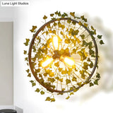3-Bulb Lodge Style Black Metal Wall Sconce With Leaf Decoration