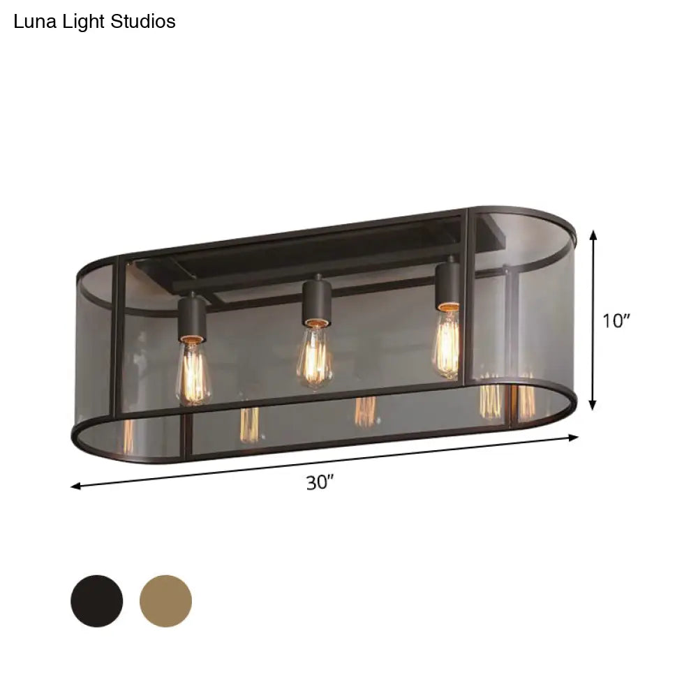 3 - Head Flush Mount Light: Metal Warehouse Corridor Lighting With Oval Clear Glass Shade In