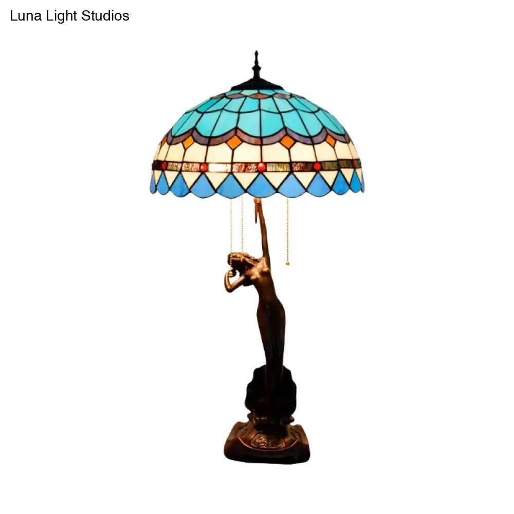 3-Head Mediterranean Spikelet & Blue/White Glass Nightstand Lamp With Pull Chain