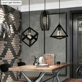 3-Head Pendant Lighting In Black Metal With Retro Stylish Cage Shades For Kitchen Round/Linear