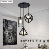 3-Head Pendant Lighting In Black Metal With Retro Stylish Cage Shades For Kitchen Round/Linear