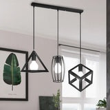 3-Head Pendant Lighting In Black Metal With Retro Stylish Cage Shades For Kitchen Round/Linear