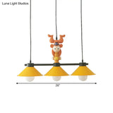 3-Head Yellow Cone Pendant Lamp With Monkey Décor For Island Lighting