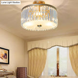3-Light Crystal Drum Flush Mount Ceiling Lamp In Chic Gold/Silver/Black For Dining Room