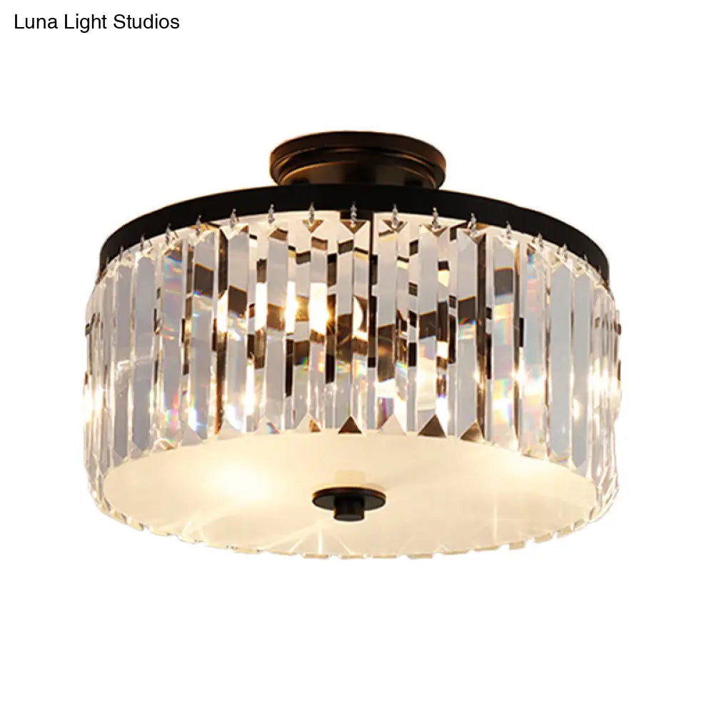 3-Light Crystal Drum Flush Mount Ceiling Lamp In Chic Gold/Silver/Black For Dining Room