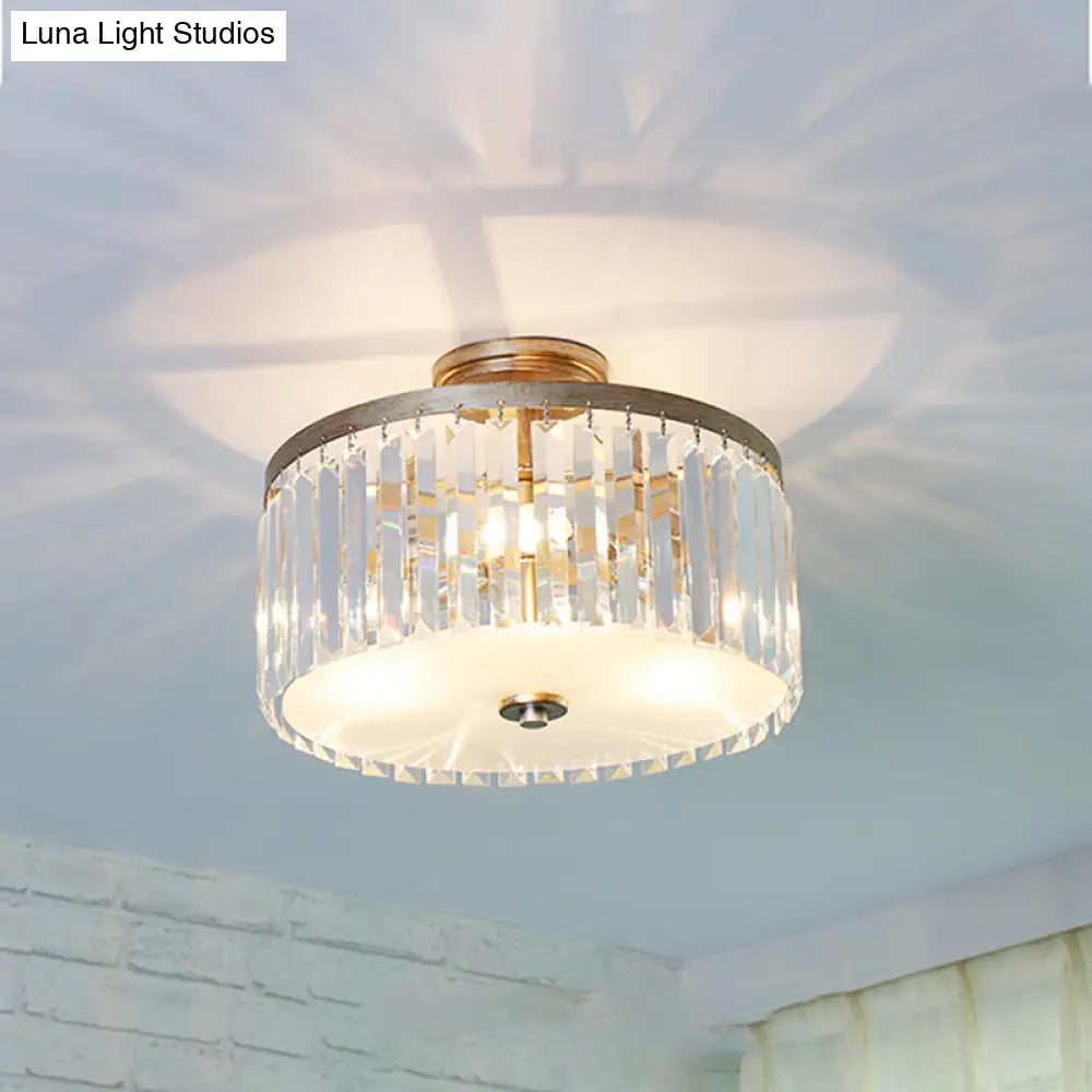 3-Light Crystal Drum Flush Mount Ceiling Lamp In Chic Gold/Silver/Black For Dining Room