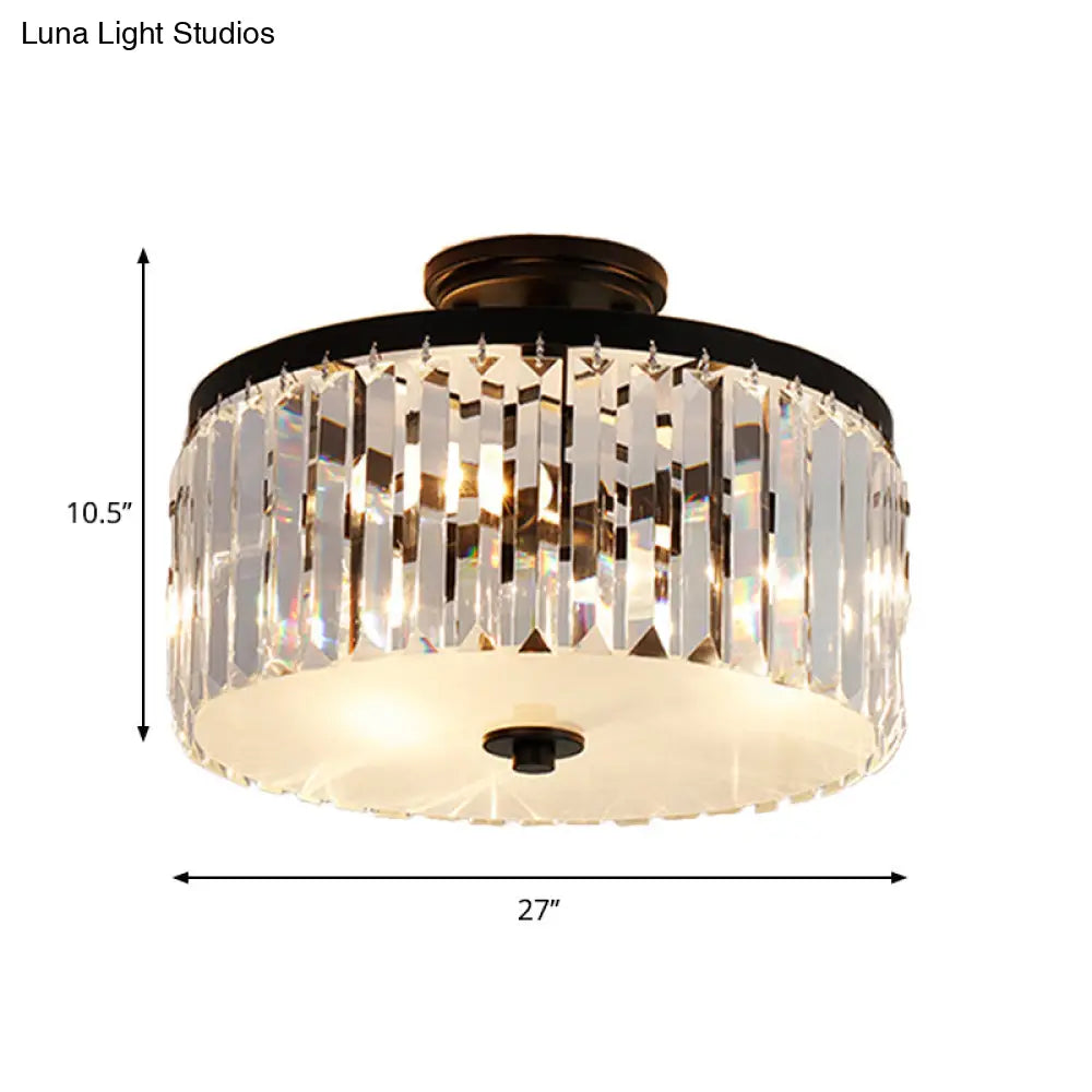 3-Light Crystal Drum Flush Mount Ceiling Lamp In Chic Gold/Silver/Black For Dining Room