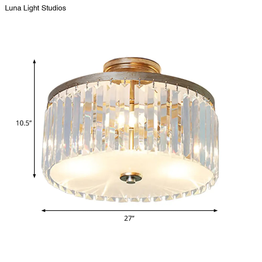 3-Light Crystal Drum Flush Mount Ceiling Lamp In Chic Gold/Silver/Black For Dining Room