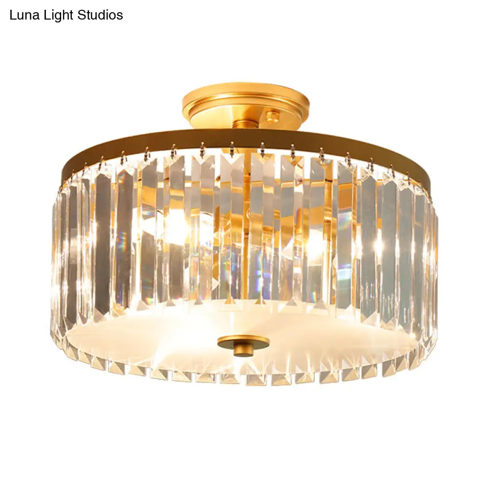 3-Light Crystal Drum Flush Mount Ceiling Lamp In Chic Gold/Silver/Black For Dining Room