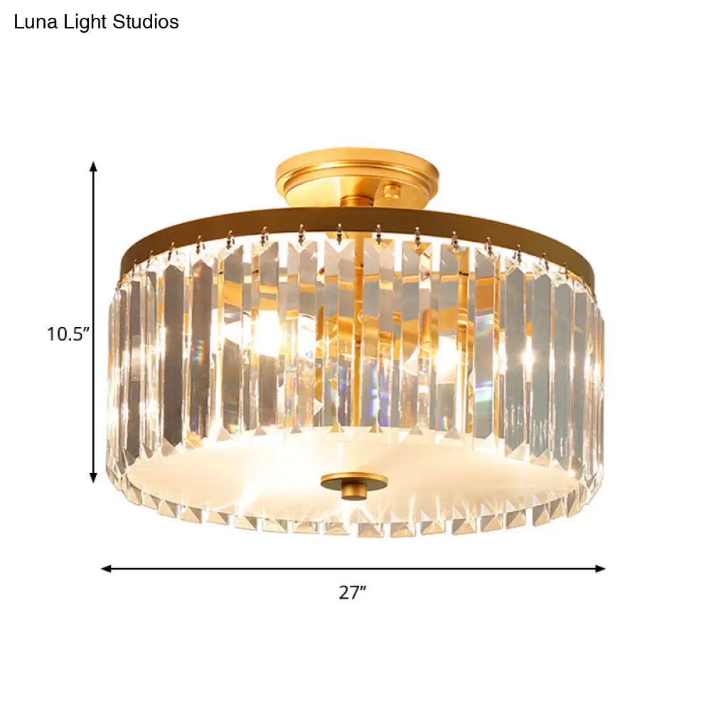 3-Light Crystal Drum Flush Mount Ceiling Lamp In Chic Gold/Silver/Black For Dining Room