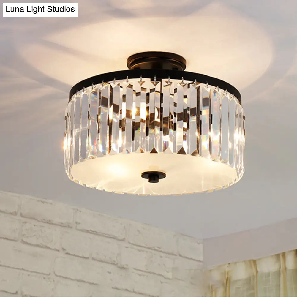3-Light Crystal Drum Flush Mount Ceiling Lamp In Chic Gold/Silver/Black For Dining Room