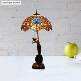 3-Light Tiffany Table Lamp With Resin Coffee Pull-Chain And Lady Statue Parrot Blue-Brown & Trellis
