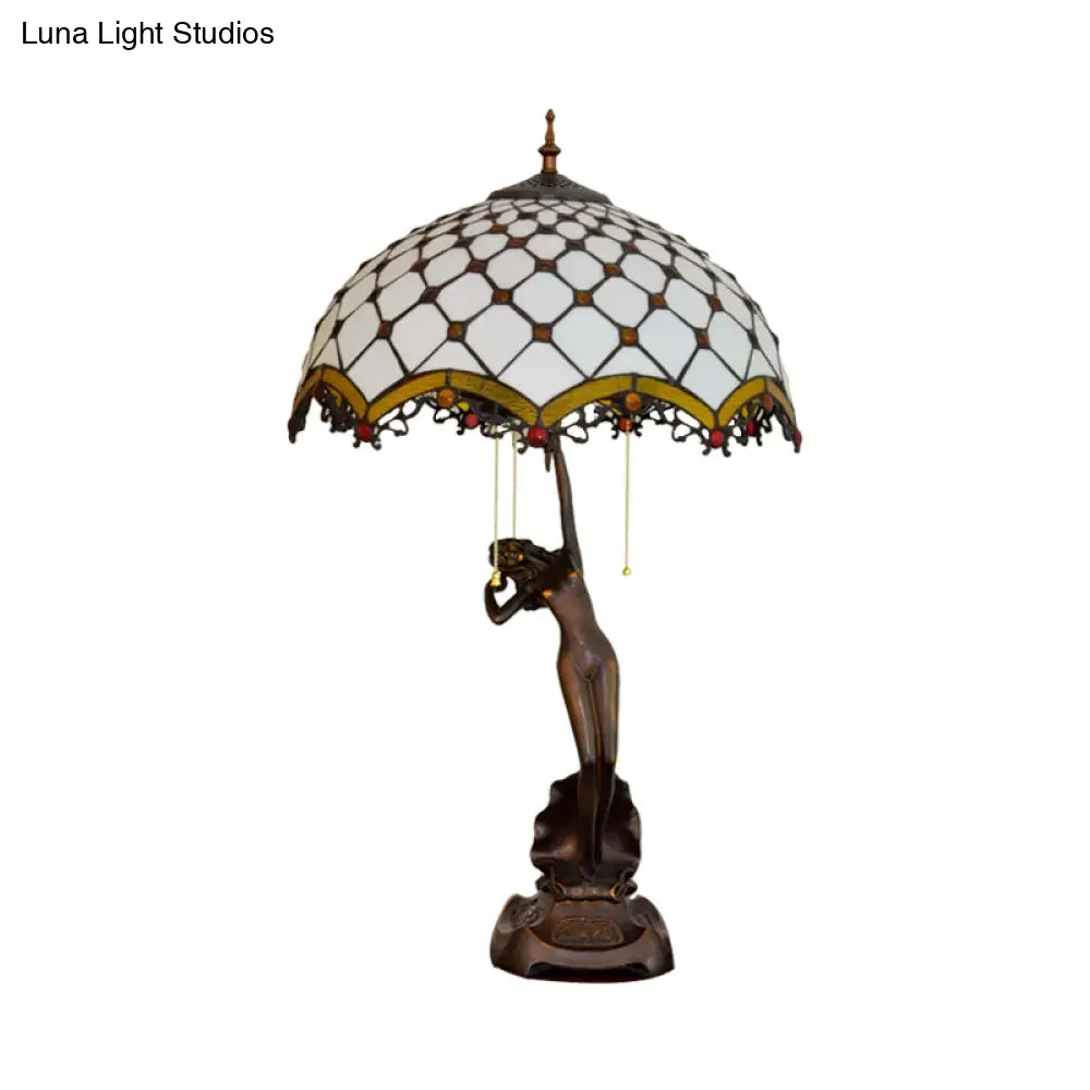 3-Light Tiffany Table Lamp With Resin Coffee Pull-Chain And Lady Statue Parrot Blue-Brown & Trellis