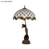 3-Light Tiffany Table Lamp With Resin Coffee Pull-Chain And Lady Statue Parrot Blue-Brown & Trellis