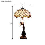 3-Light Tiffany Table Lamp With Resin Coffee Pull-Chain And Lady Statue Parrot Blue-Brown & Trellis