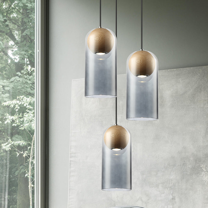 Contemporary Smoke Gray Glass Cylinder Hanging Ceiling Light With 1 Head