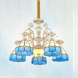 Blue Stained Glass Chandelier Pendant Light - Tiffany Style Ceiling Lamp With Grid Pattern 5/9/11