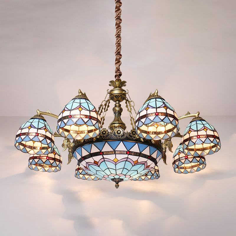 Blue Tiffany Cut Glass Chandelier Pendant - 5/9/11 Lights Suspension Fixture