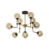 Modernist Amber Glass Semi Flush Ceiling Mount Light Fixture - Brass 9/13 Bulbs