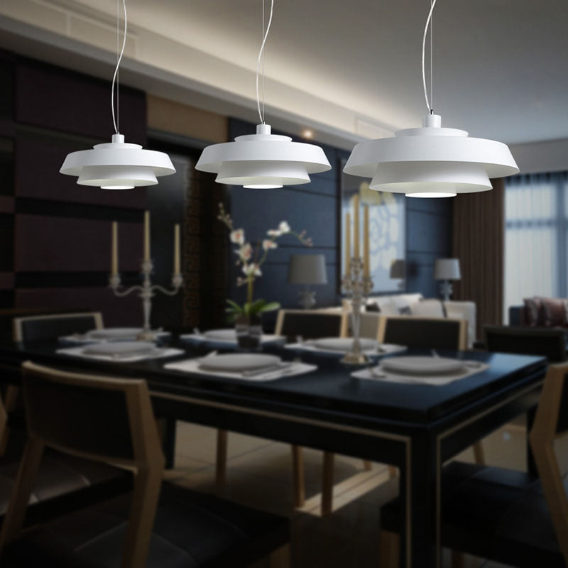 Contemporary Metallic Pendant Ceiling Light In White - Tiered 1-Light Suspension Lamp For Dining