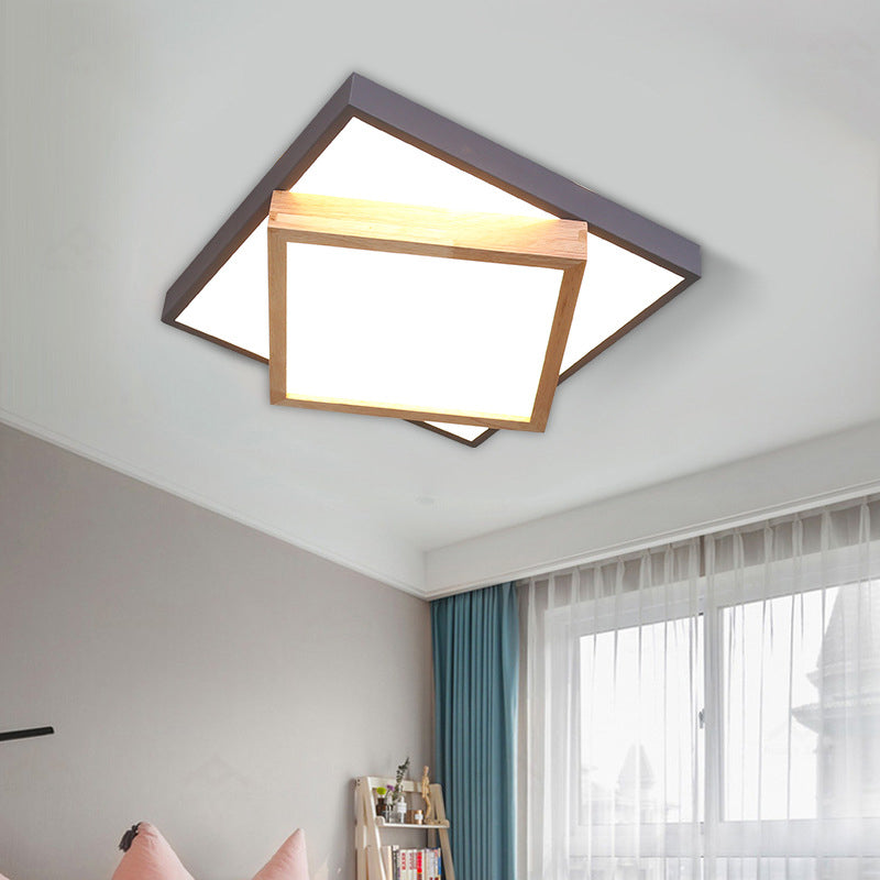 Modern 2-Tier Wood Led Ceiling Light For Living Room In White/Warm - Square Flush Mount Grey / Warm
