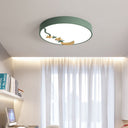 Contemporary Round Metal Led Close To Ceiling Lamp With Wooden Moon And Star Decoration -