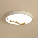 Contemporary Round Metal Led Close To Ceiling Lamp With Wooden Moon And Star Decoration -