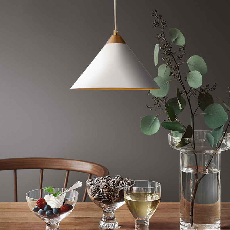 White Modern Conical Ceiling Light: 1-Bulb Metal Pendant Fixture For Living Room