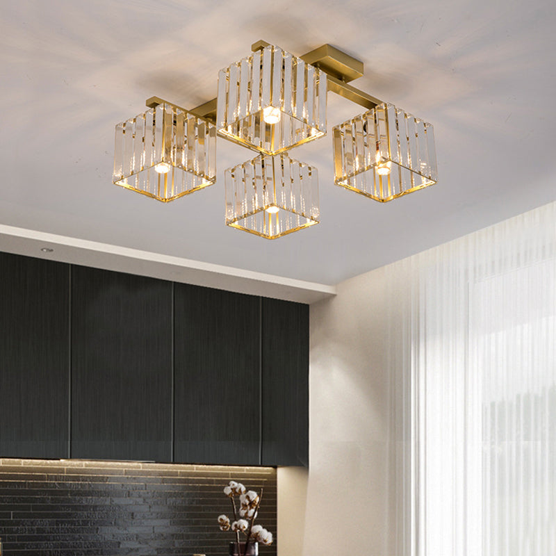 Square Crystal Rod Ceiling Light Fixture - Modern Semi Flush Mount With Tri-Sided Design (4/6/9
