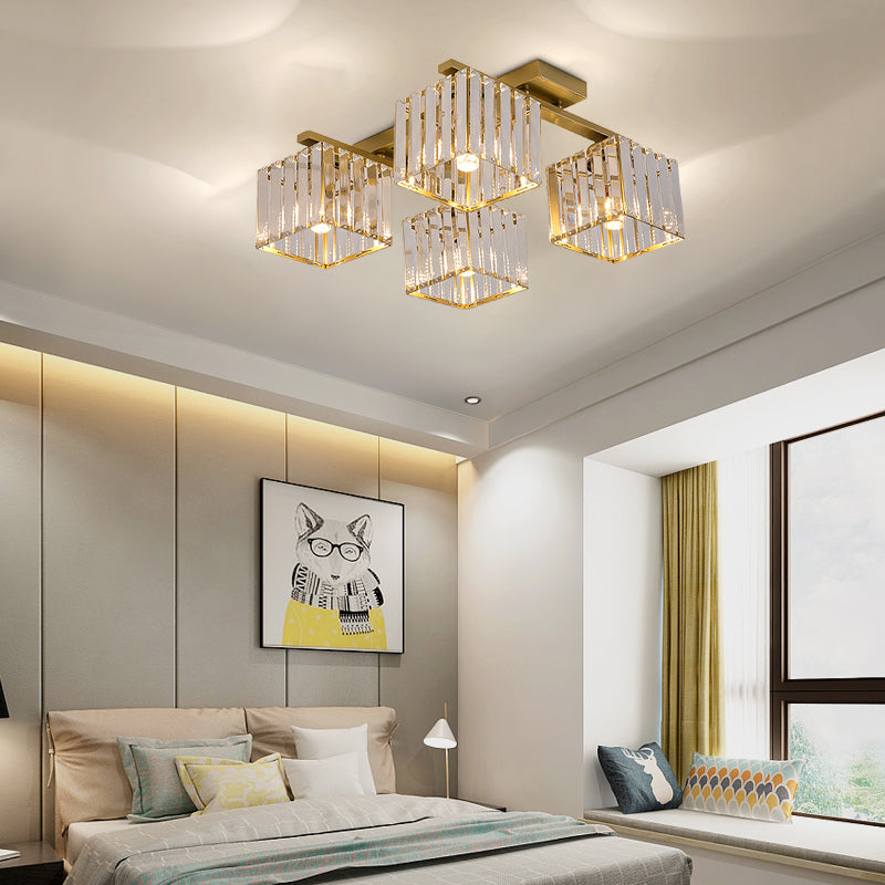 Square Crystal Rod Ceiling Light Fixture - Modern Semi Flush Mount With Tri-Sided Design (4/6/9