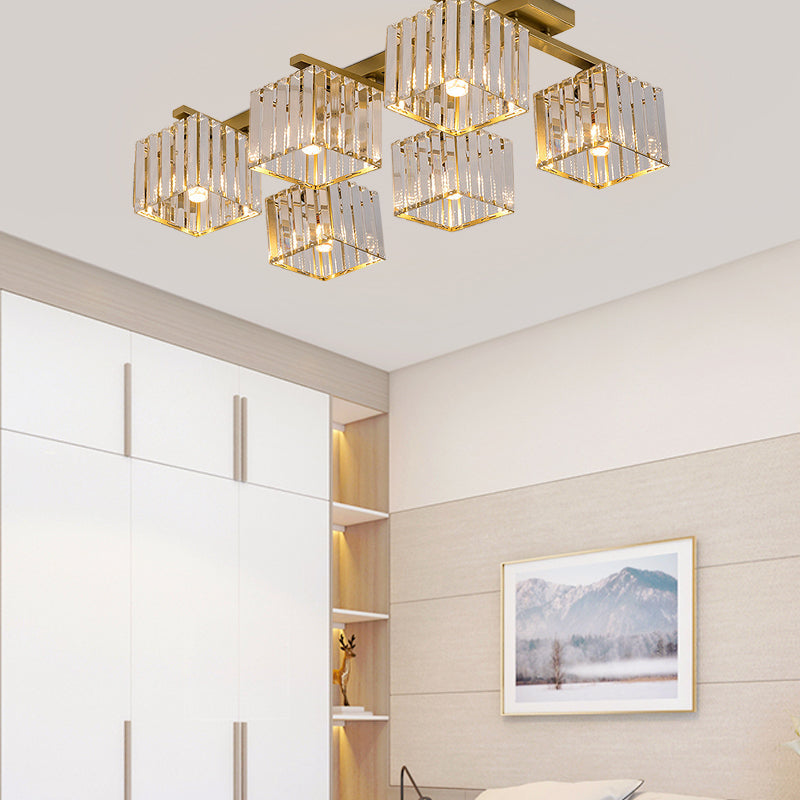Square Crystal Rod Ceiling Light Fixture - Modern Semi Flush Mount With Tri-Sided Design (4/6/9